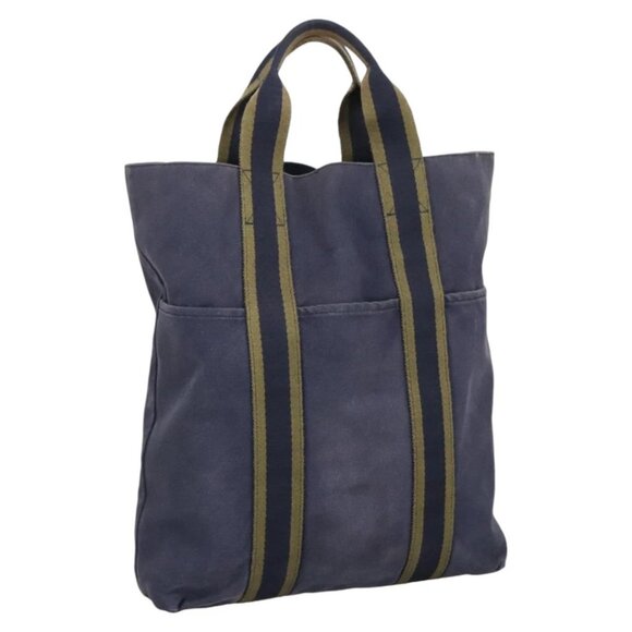 HERMES Fourre Tout cabas Tote Bag Canvas Navy Khaki Auth bs20268 - Picture 1 of 16
